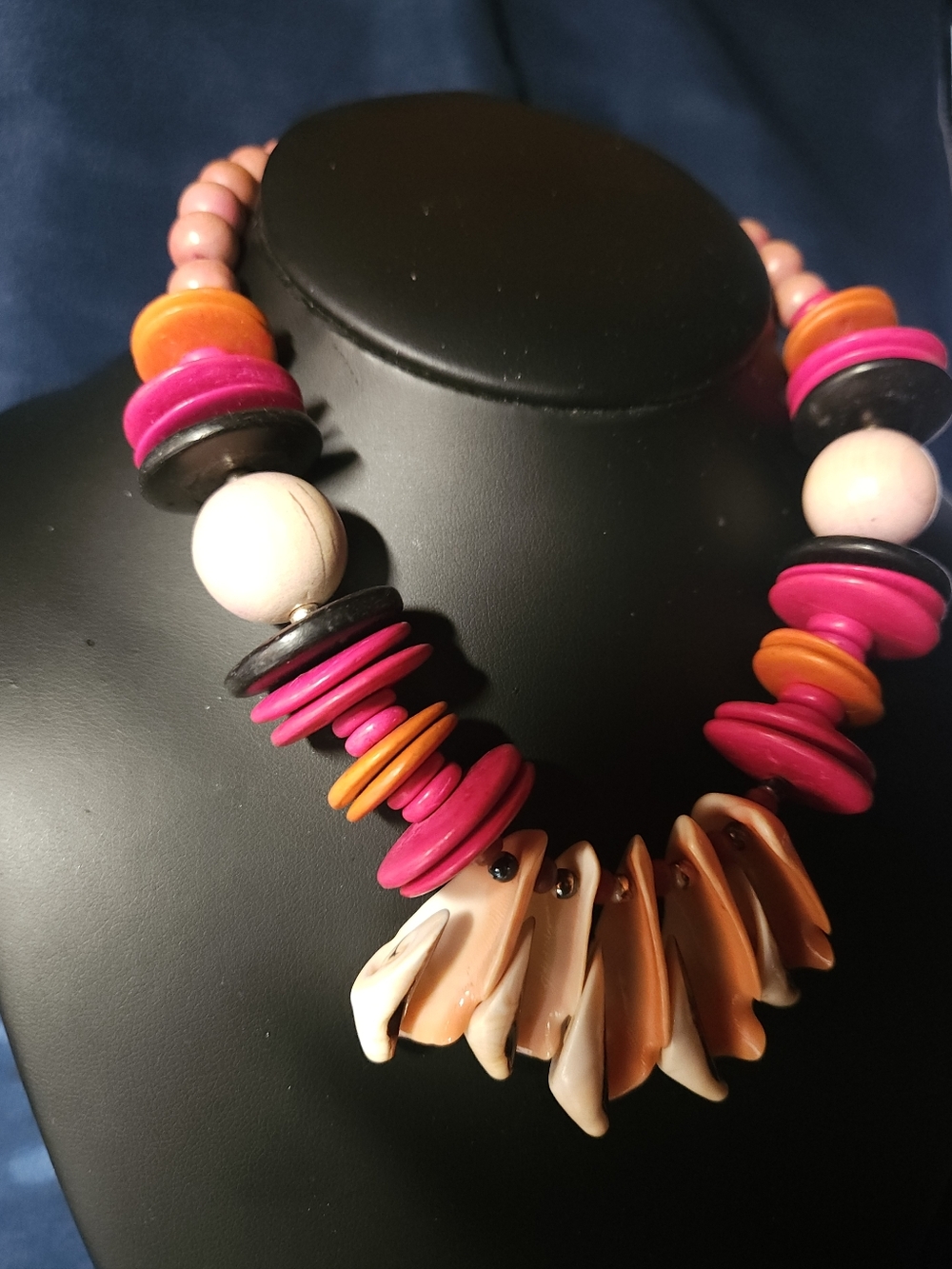 Bold Pink Orange Black Wood Shell Retro Statement Necklace